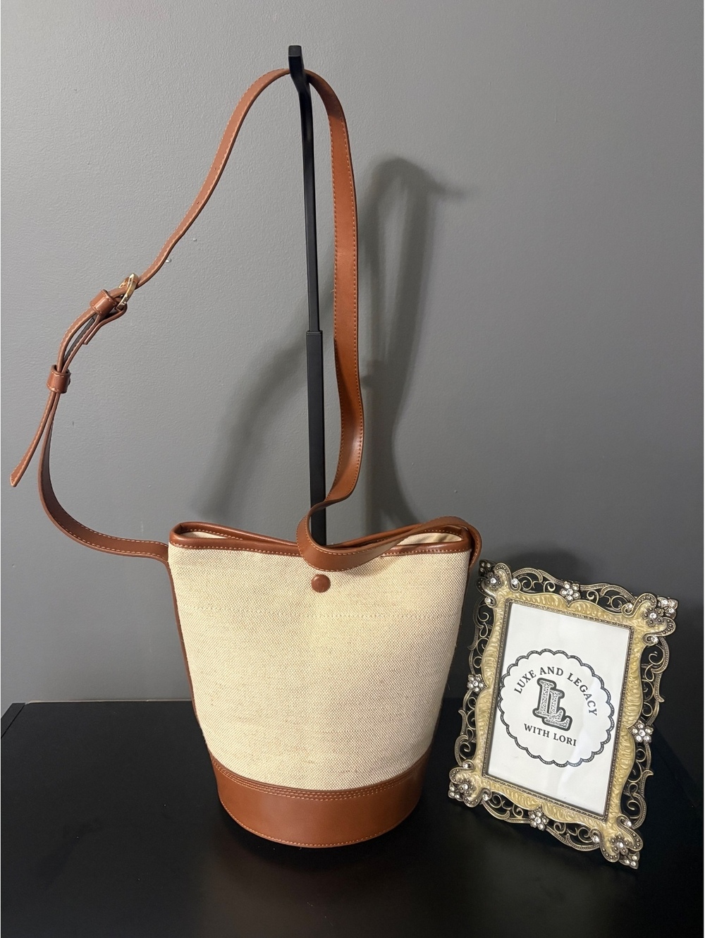 J.Crew Cream Canvas & Cognac Brown Trim Crossbody Bucket Bag